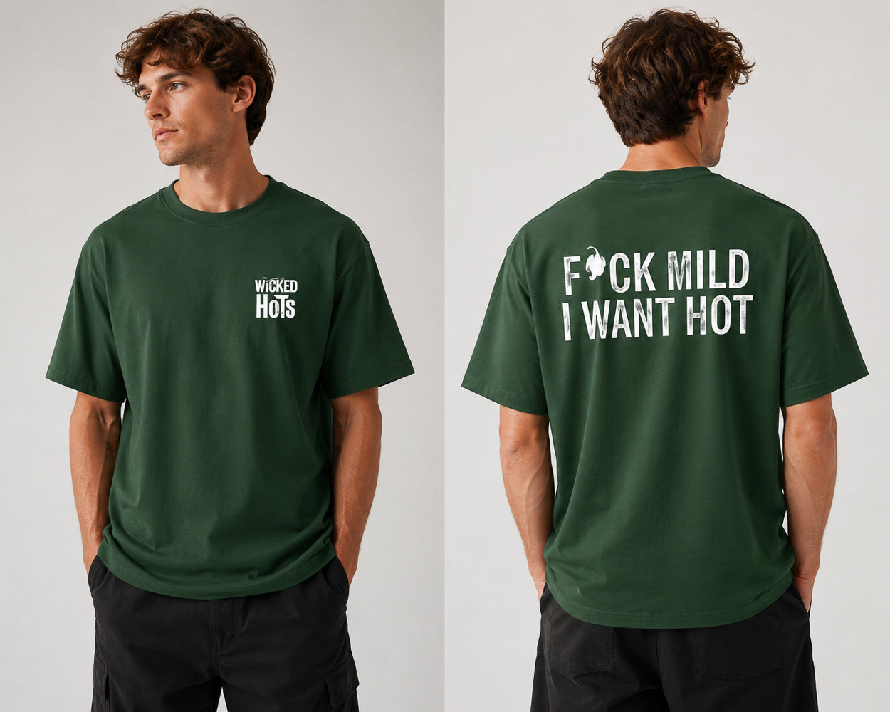 Model wearing green wicked hots fuck mild I want hot t-shirt. great present for fathers day, mothers day or Christmas for anyone that loves chillies in New Zealand