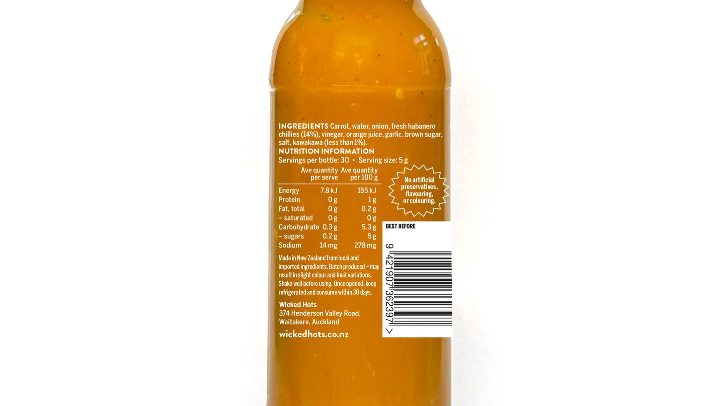 Wicked Hots Kawakawa Habanero Hot Sauce bottle showing ingredients