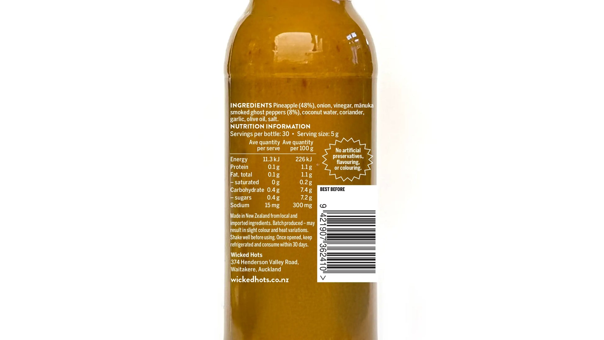 Wicked Hots Manuka Ghost and Pineapple Hot Sauce  bottle showing ingredients