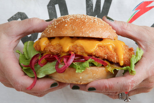 Fish Burger loaded with Wicked Hots Hello Yellow Hot Sauce