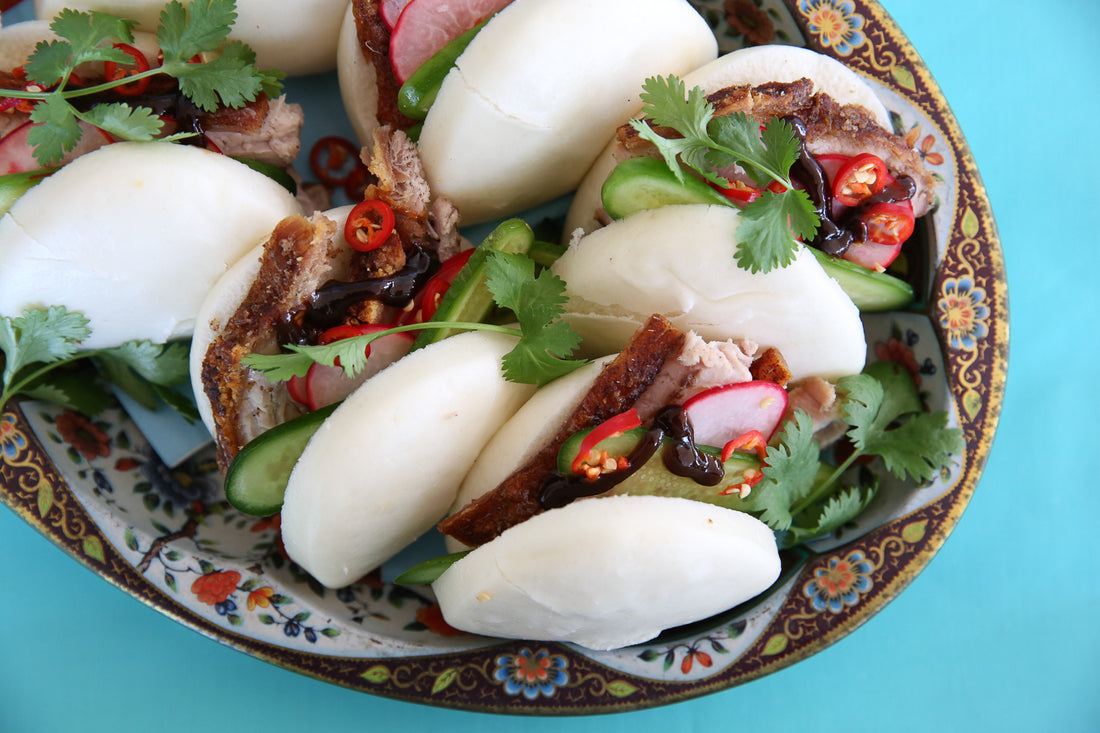 5 Spice Pork Belly Bao Buns with Pickled Radish