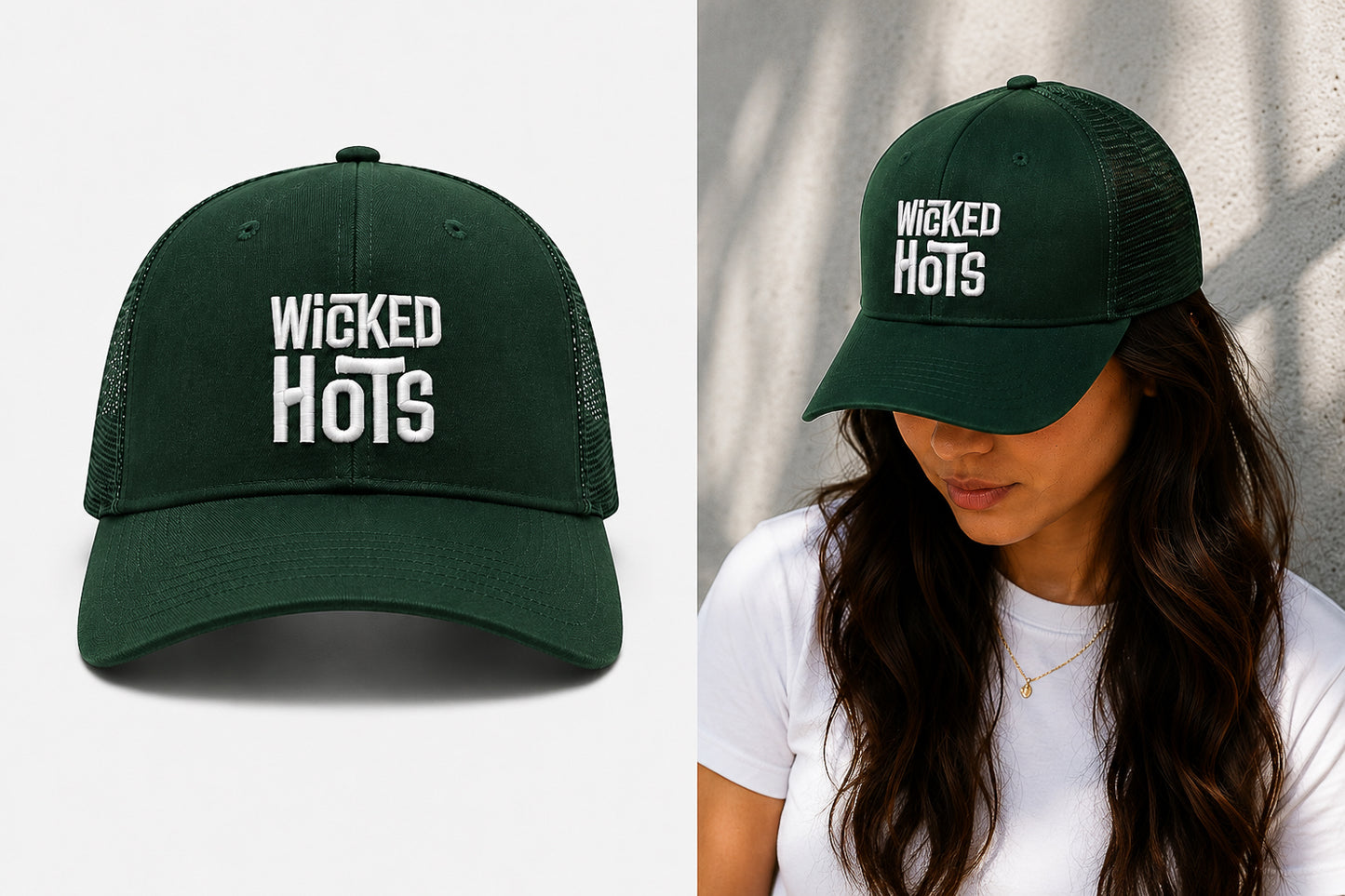 dark green wicked hots green trucker cap