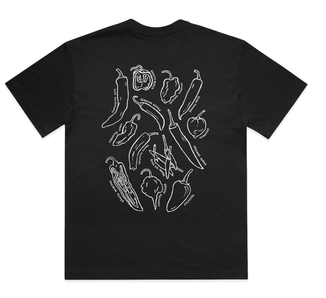 a black t-shirt showing chillies on the back a cool present for anyone in New Zealand