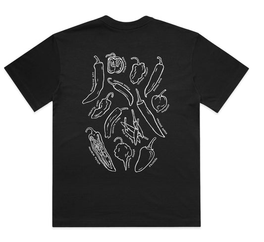 a black t-shirt showing chillies on the back a cool present for anyone in New Zealand
