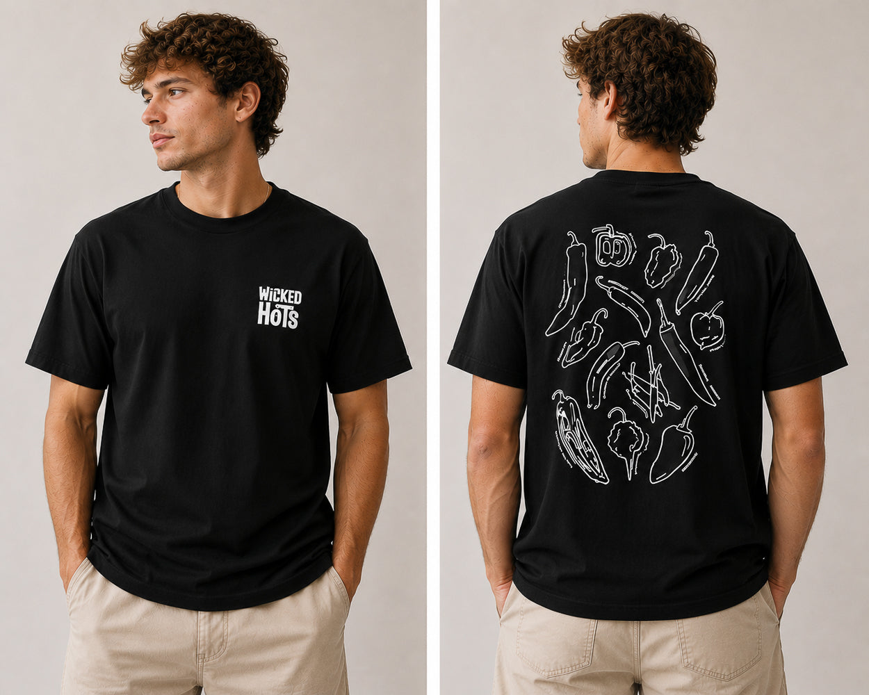 a model wearing the chilli t-shirt from Wicked hots showing a great present of a t-shirt with chillies on it.  Chilli ideas