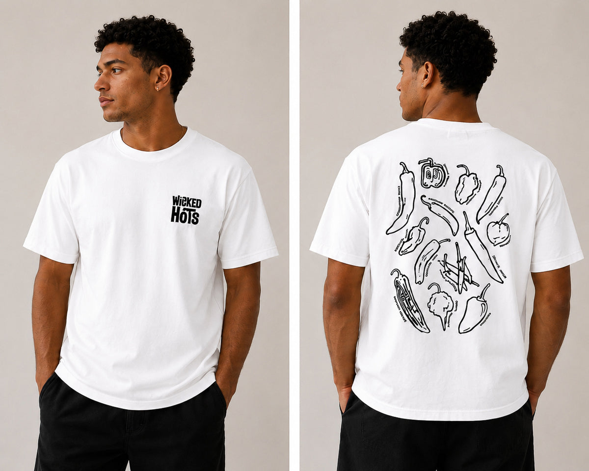 Model wearing white chillies t-shirt.  great present for fathers day, mothers day or Christmas for anyone that loves chillies in New Zealand
