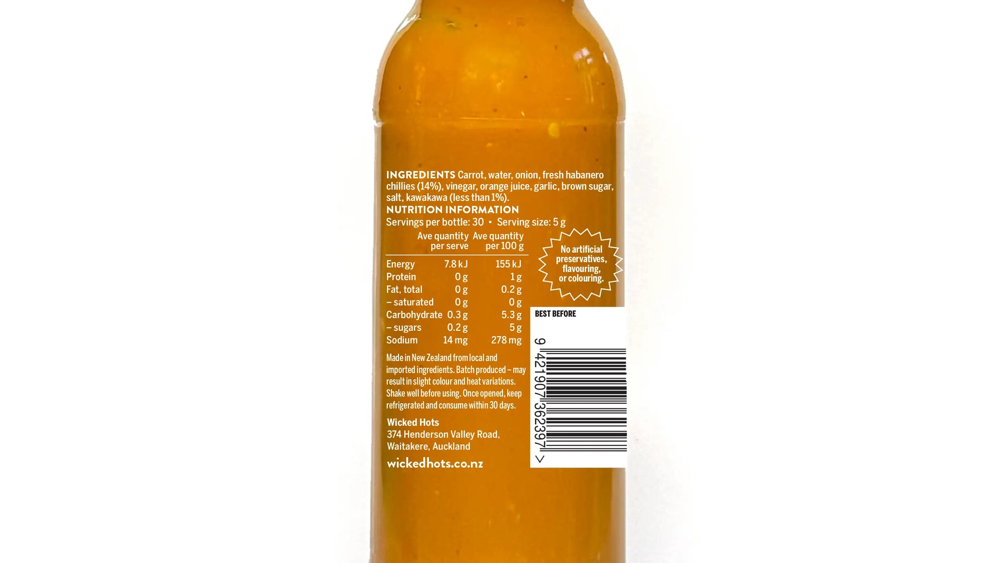 Wicked Hots Kawakawa Habanero Hot Sauce bottle showing ingredients